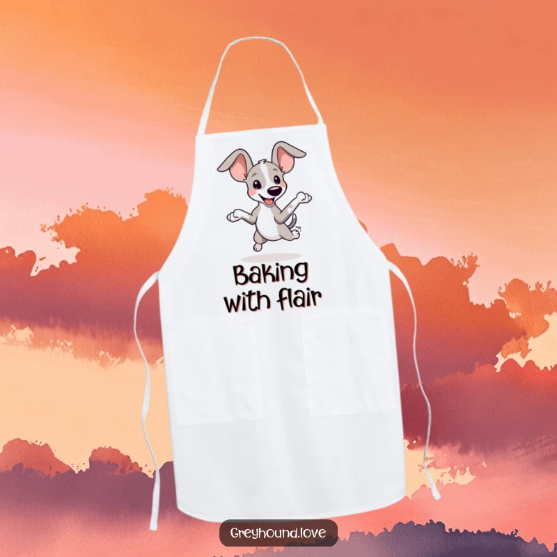 Funny Greyhound Ears Apron: A playful greyhound with oversized ears leaps joyfully, ready to assist in the kitchen with cheerful energy.