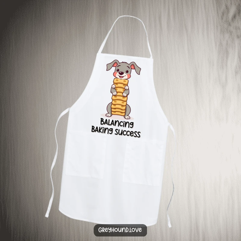 Funny APRON: A greyhound shows off its remarkable biscuit-balancing skills in the kitchen, adding humor to cooking.