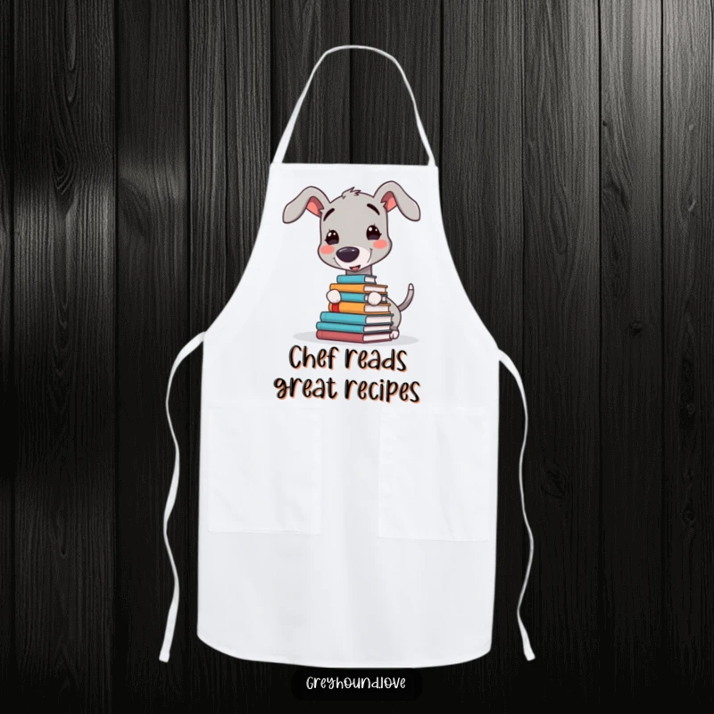 Funny apron depicting a happy greyhound character balancing books on its nose, perfect for the humorous home chef.