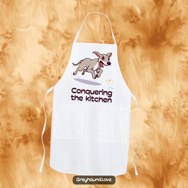 Funny greyhound with a determined look sprinting towards a distant goal, printed on a chef's apron.