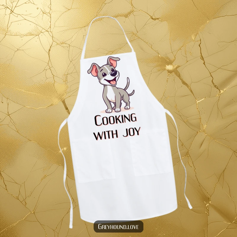A joyful greyhound enthusiastically wagging its tail is printed on a kitchen apron for happy cooking.