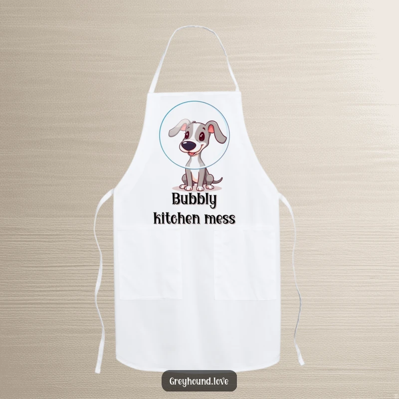 Funny Apron: A greyhound playfully boops a giant bubble with its wet nose, adding funny charm to kitchen duties.