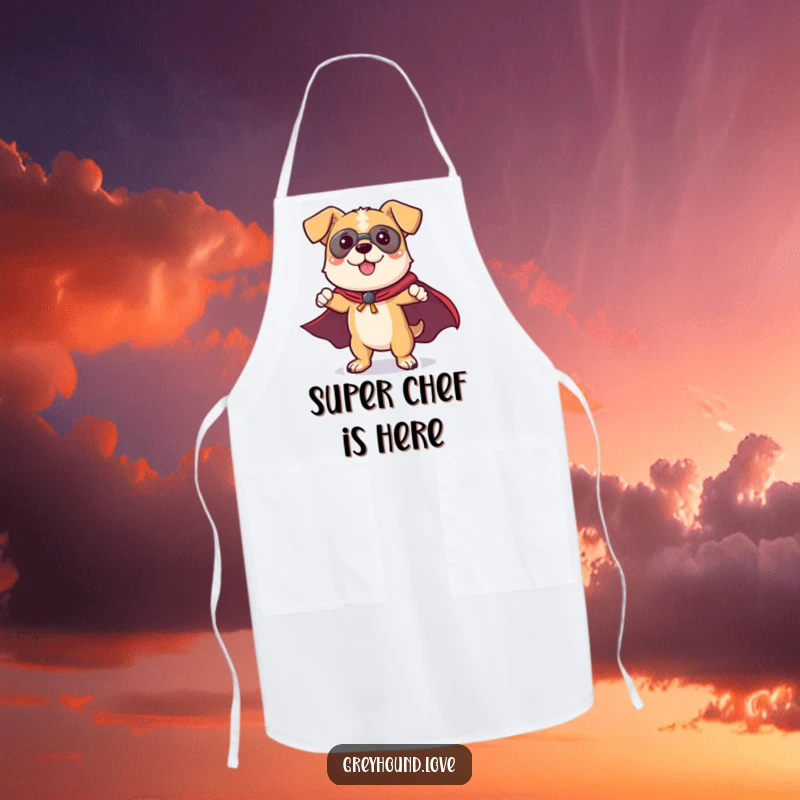 Funny Dog Apron: A playful dog character in a superhero cape strikes a dynamic pose, ready to conquer the kitchen with fun.