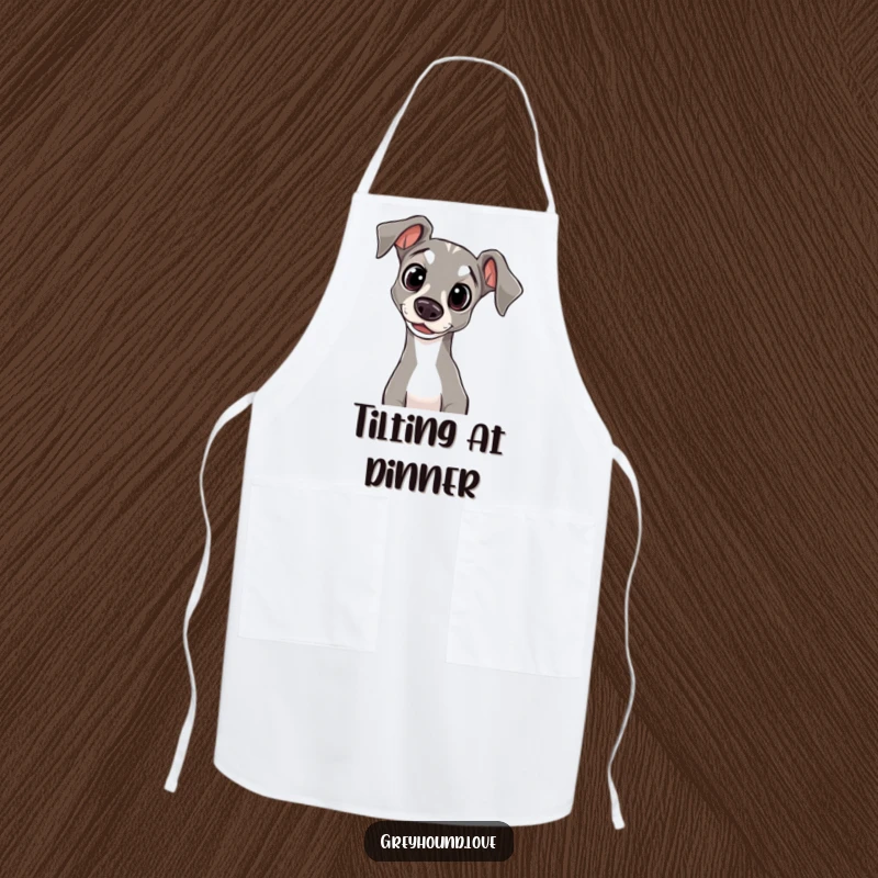 Funny Apron featuring a greyhound with innocent eyes, its head tilted curiously, perfect for kitchen protection and style.