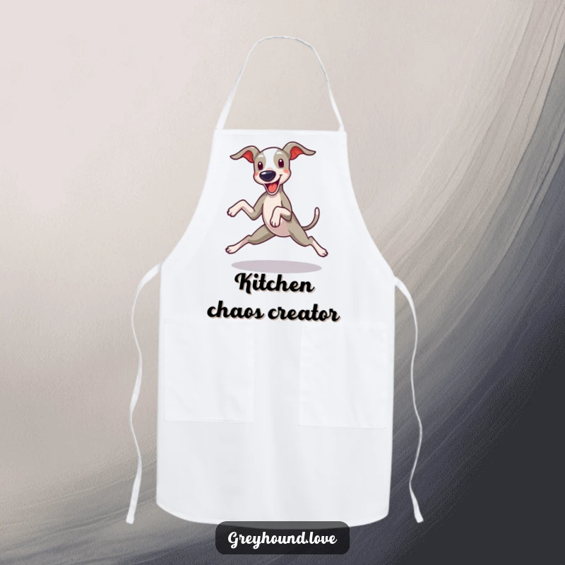 Funny Greyhound Apron: A greyhound captured mid-zoomie with legs splayed, ideal for a fun-loving cook.