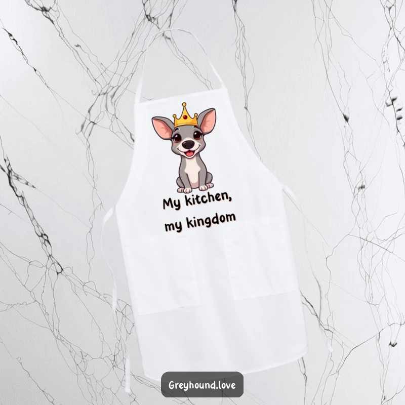 Funny apron: A regal greyhound wearing a small crown, looking amused while cooking. Humorous kitchen accessory.