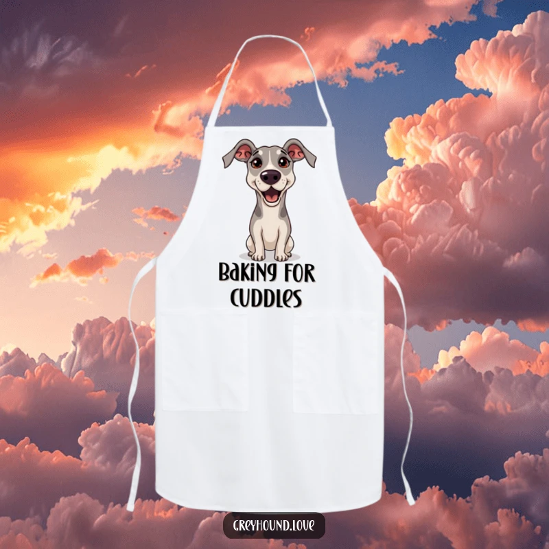 Funny Greyhound Apron showing a greyhound begging with a head tilt and pleading eyes, a comical symbol of irresistible kitchen requests.
