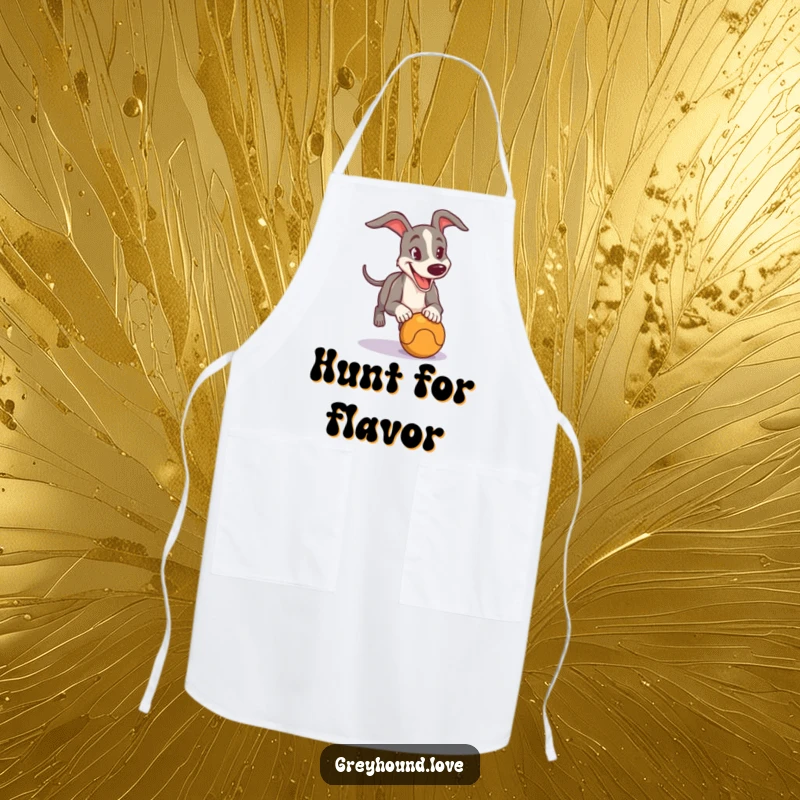 Funny Apron designed with a happy greyhound focused on chasing a ball, perfect for chefs who love speed and play.