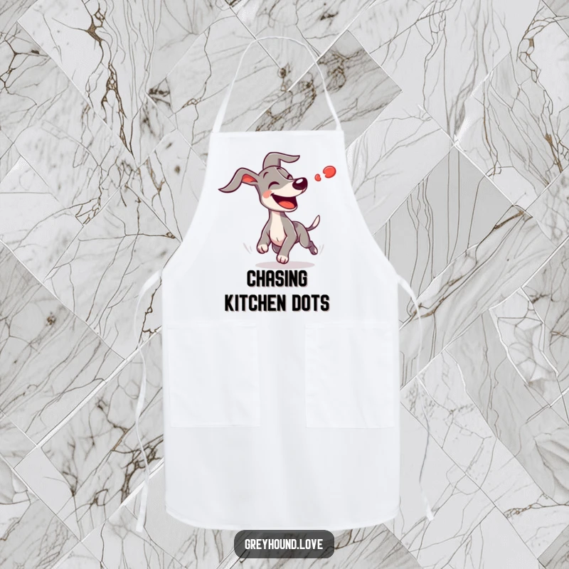 Funny joyful greyhound with ears flapping wildly chasing a red dot on this apron, adding a humorous dog-themed touch to cooking.