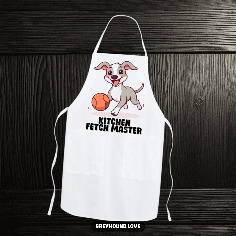 Funny Greyhound Apron with a big-smiling dog enthusiastically chasing a bouncing ball, ready for a humorous and enjoyable cooking session.