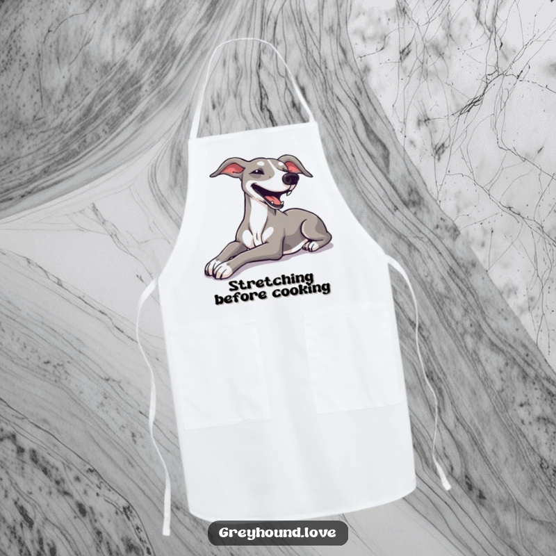 Funny greyhound stretching luxuriously with a happy sigh, printed on a chef's apron for kitchen tranquility.