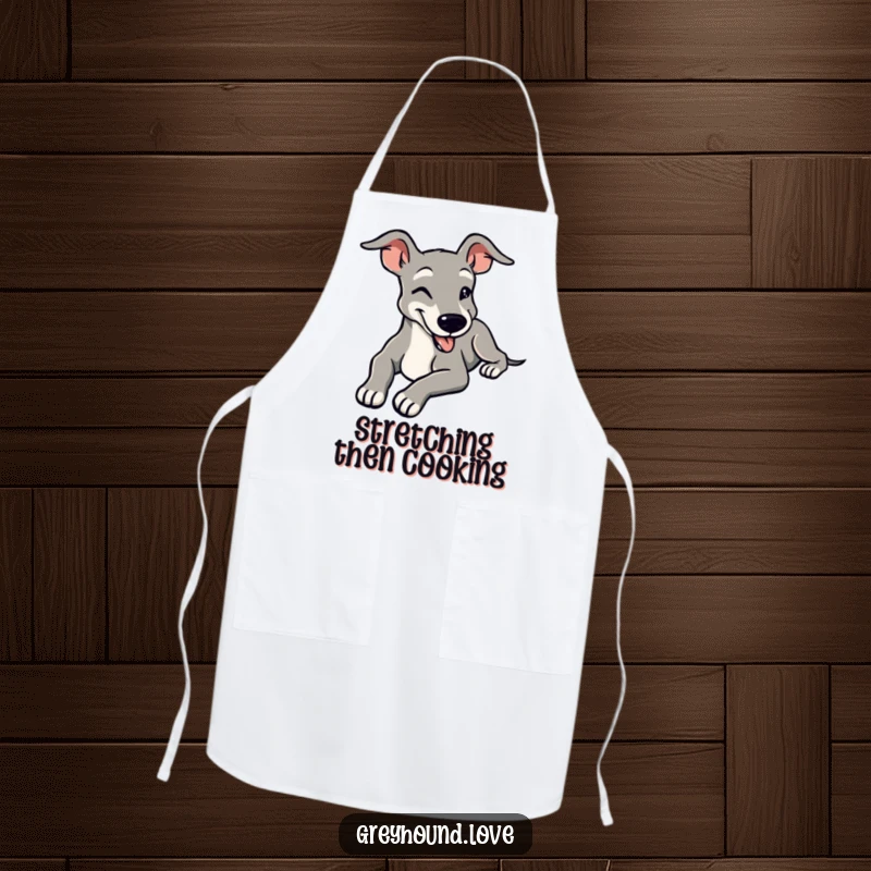 Funny apron featuring a stylized greyhound stretching languidly with a contented smile, perfect for adding serene charm to kitchen tasks.