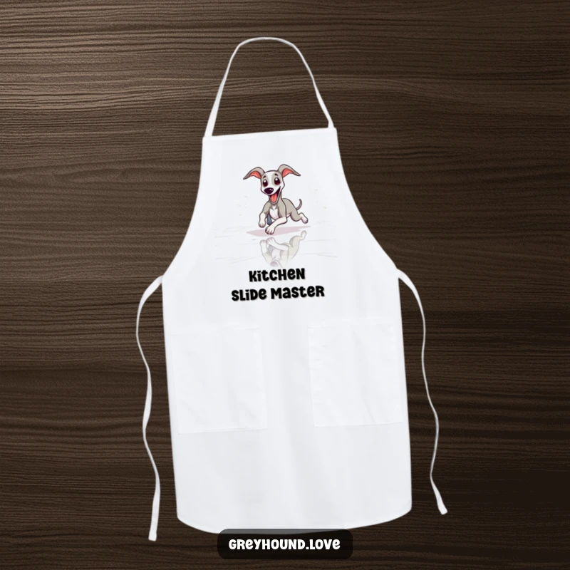 Funny slender greyhound playfully sliding with tongue out on this apron, adding a humorous dog-themed touch to cooking.