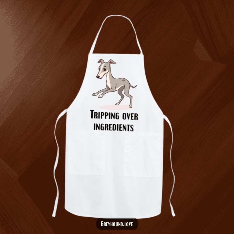A funny, kawaii greyhound character comically tripping over its long legs, printed on a humorous apron.