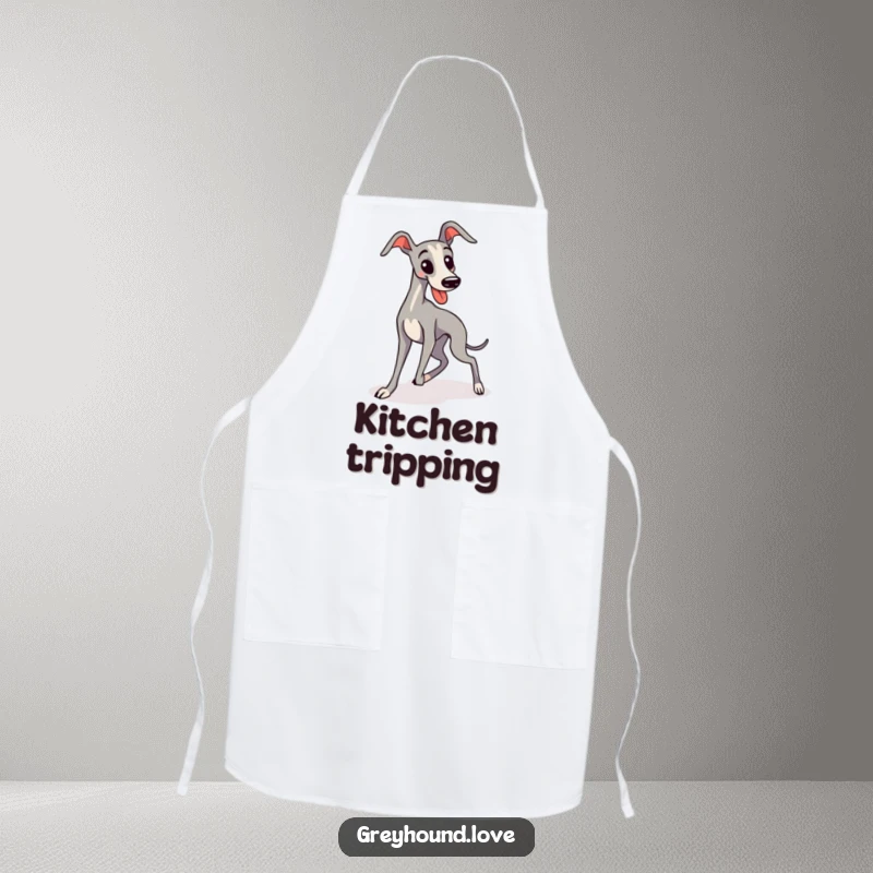 Funny, sleek, kawaii greyhound comically trips over its long legs on this apron, adding a humorous dog-themed touch to cooking.