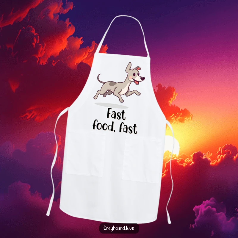 Funny apron depicting a greyhound running with its tail wagging happily, bringing a sense of fun to the kitchen.