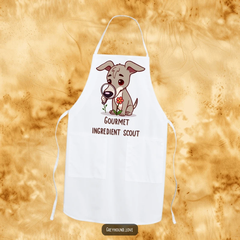 Funny Greyhound Apron: A greyhound inspects a flower with a magnifying glass, ready to cook.