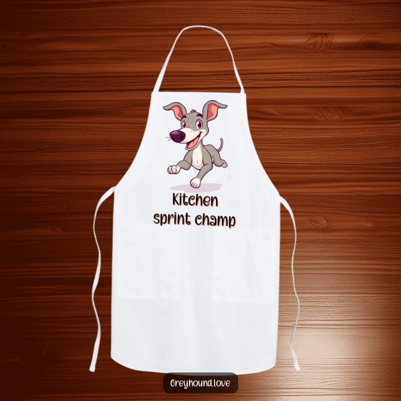 Funny Greyhound Apron featuring a cartoonish greyhound zooming with a joyful, goofy grin, ideal for a humorous cooking experience.