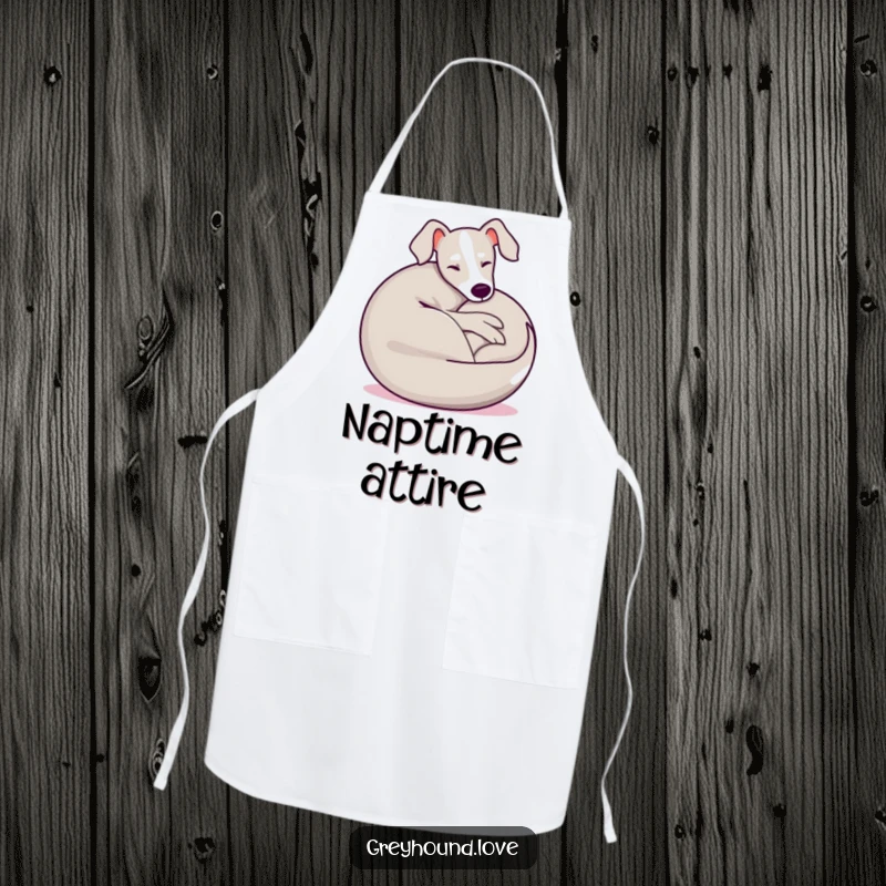 Funny Greyhound Apron featuring a playful dog curled into a happy, relaxed ball, ideal for a humorous cooking experience.