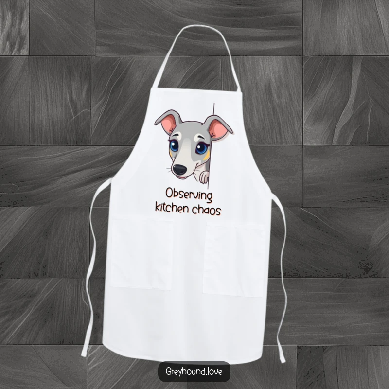 Funny Greyhound Apron showing a dog peeking curiously, designed to add humor to kitchen activities.