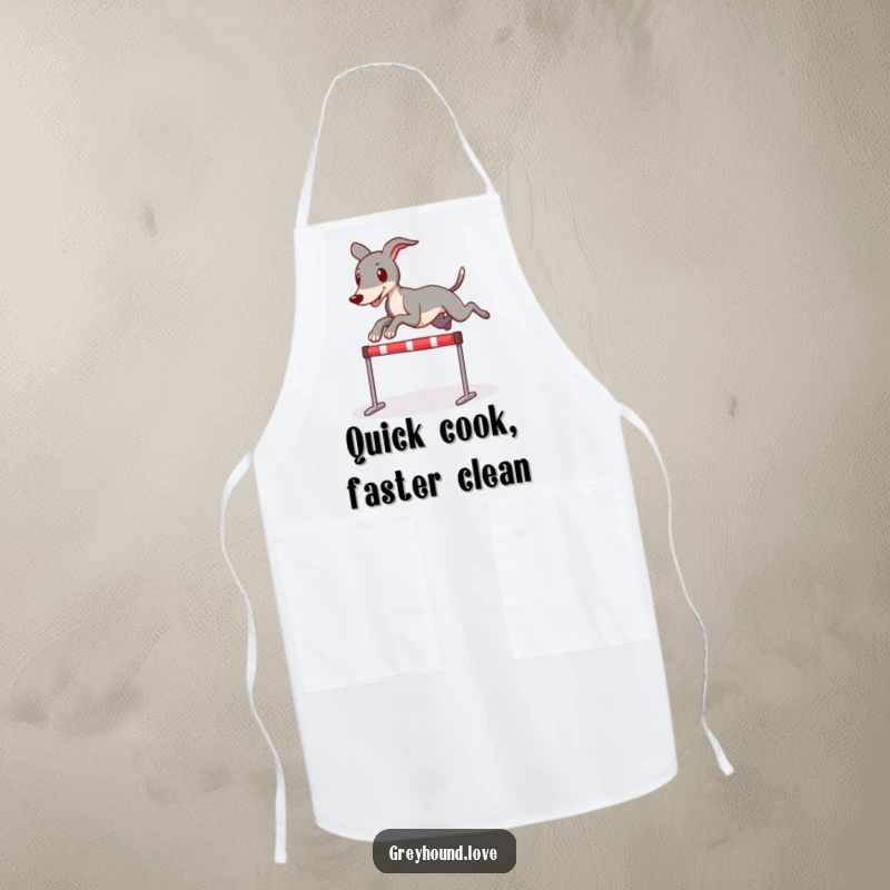 Funny apron designed for kitchen use, featuring a greyhound character playfully clearing a tiny hurdle with athletic prowess.