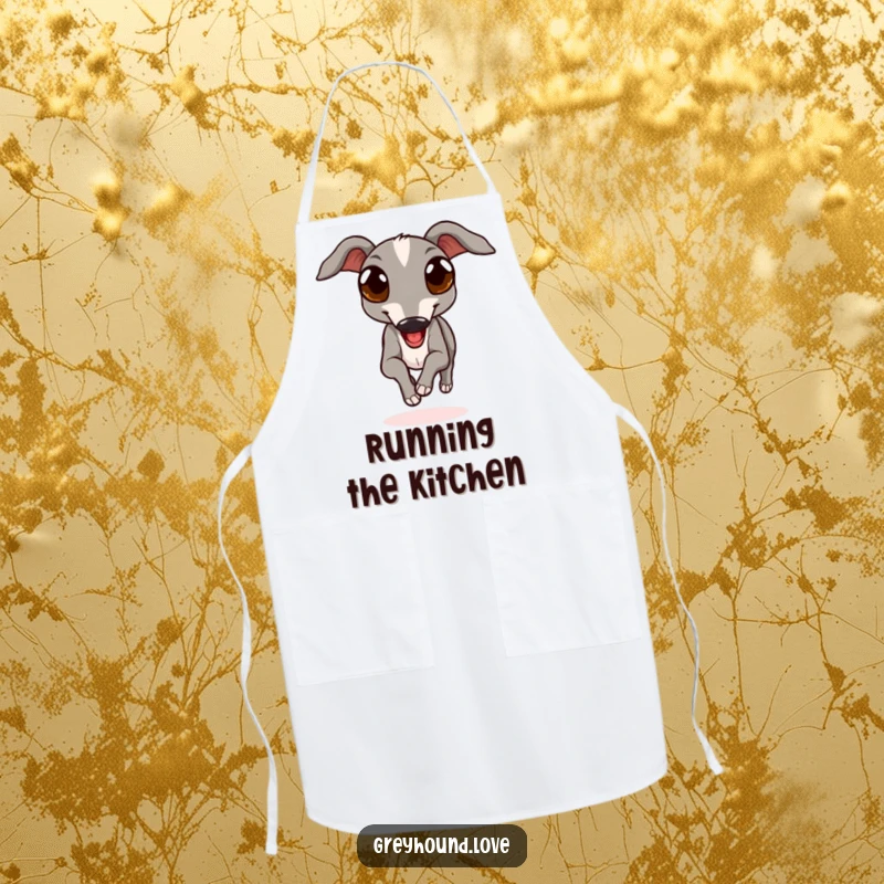 Funny apron for chefs featuring a greyhound with expressive eyes running joyfully, perfect for adding canine charm to kitchen tasks.