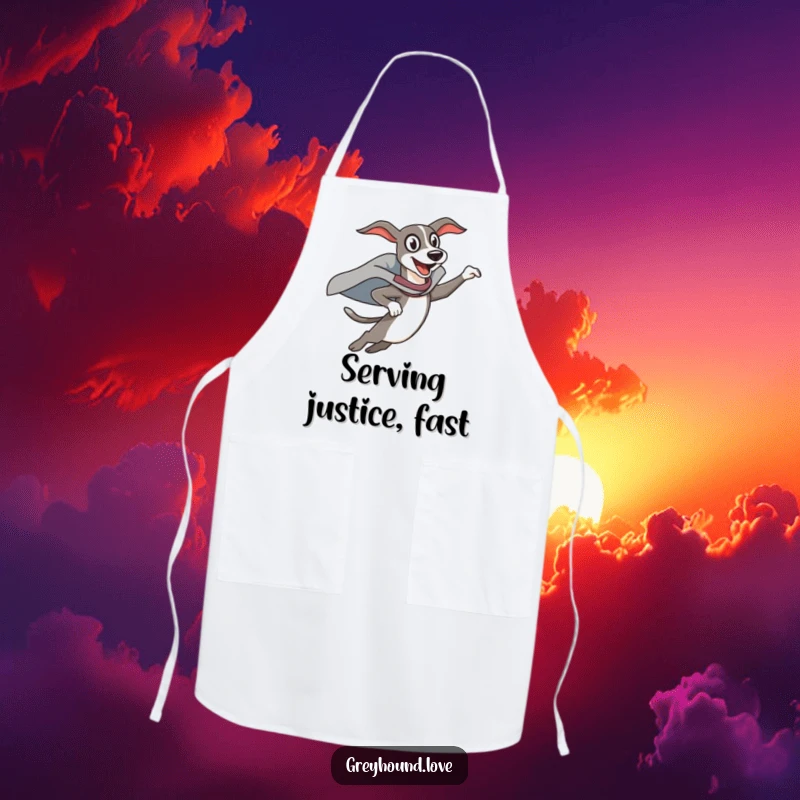 Funny Apron: A greyhound in a superhero cape leaps dramatically, ready to tackle any funny kitchen mission.
