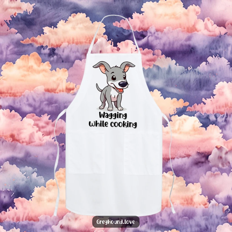 Funny Apron featuring a greyhound with floppy ears and a furiously wagging tail, perfect for cooking and kitchen protection.