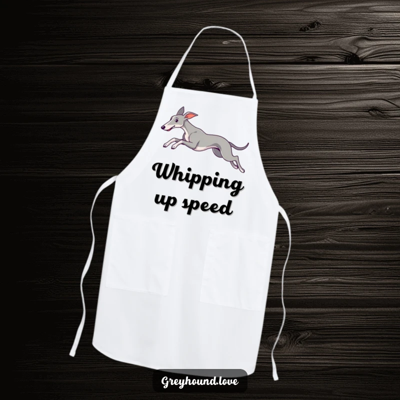An elegant greyhound leaping gracefully with ears trailing, printed on a stylish apron for culinary endeavors.