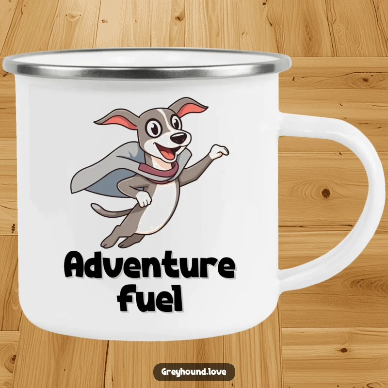 Funny Camping Mug: A greyhound superhero leaps with exaggerated funny enthusiasm, perfect for outdoor adventures.