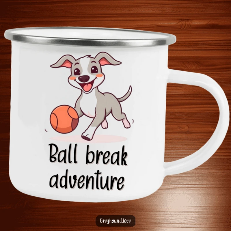 Funny Greyhound Camping Mug with a big-smiling dog excitedly chasing a bouncing ball, perfect for humorous outdoor adventures.