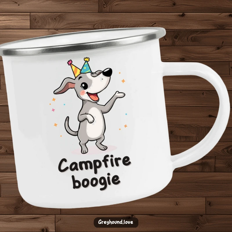 Funny Camping Mug: A greyhound in a party hat dances sillily and funny, bringing joyous vibes to the outdoors.