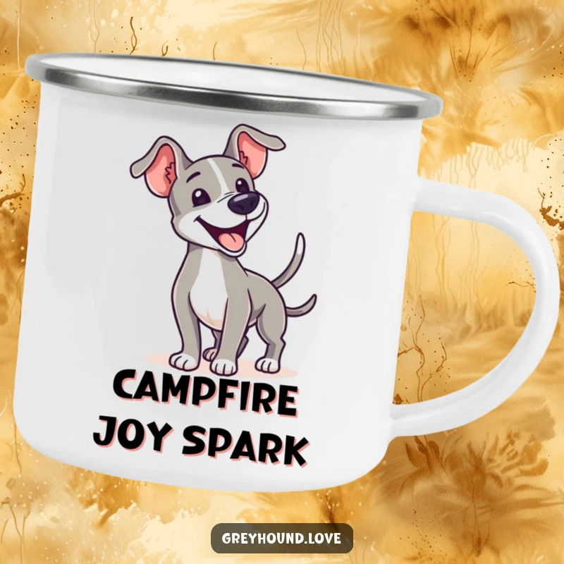 A greyhound joyfully wagging its tail is printed on a robust camping mug for outdoor enjoyment.