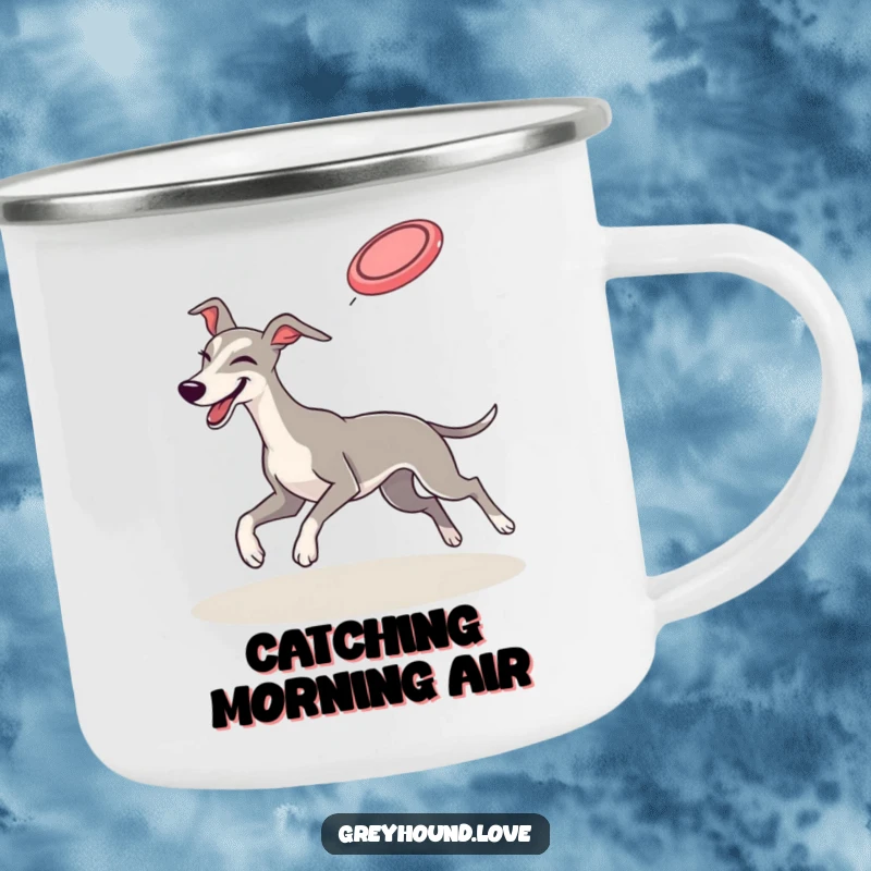 Funny CAMPING MUG: A greyhound winks playfully while catching a frisbee mid-air, ready for outdoor fun and humor.