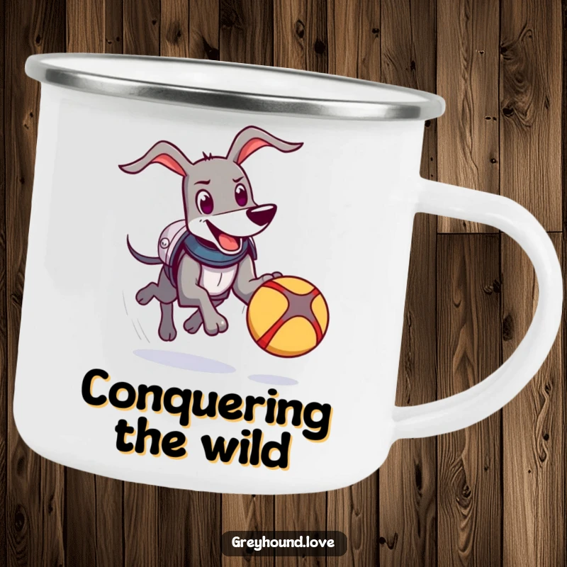 Funny Knight Greyhound Camping Mug: A happy greyhound in comical armor chases a bouncing ball, ready for outdoor quests.
