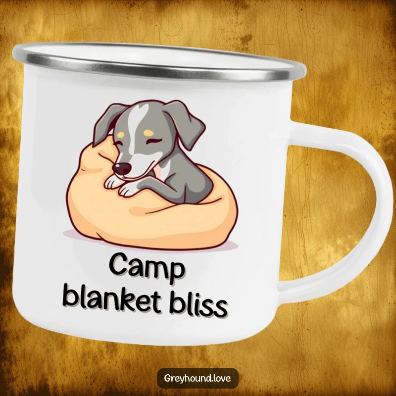 Cozy greyhound camping mug, snuggling comfortably in a soft blanket, relaxed and durable outdoor drinkware, perfect funny gift.