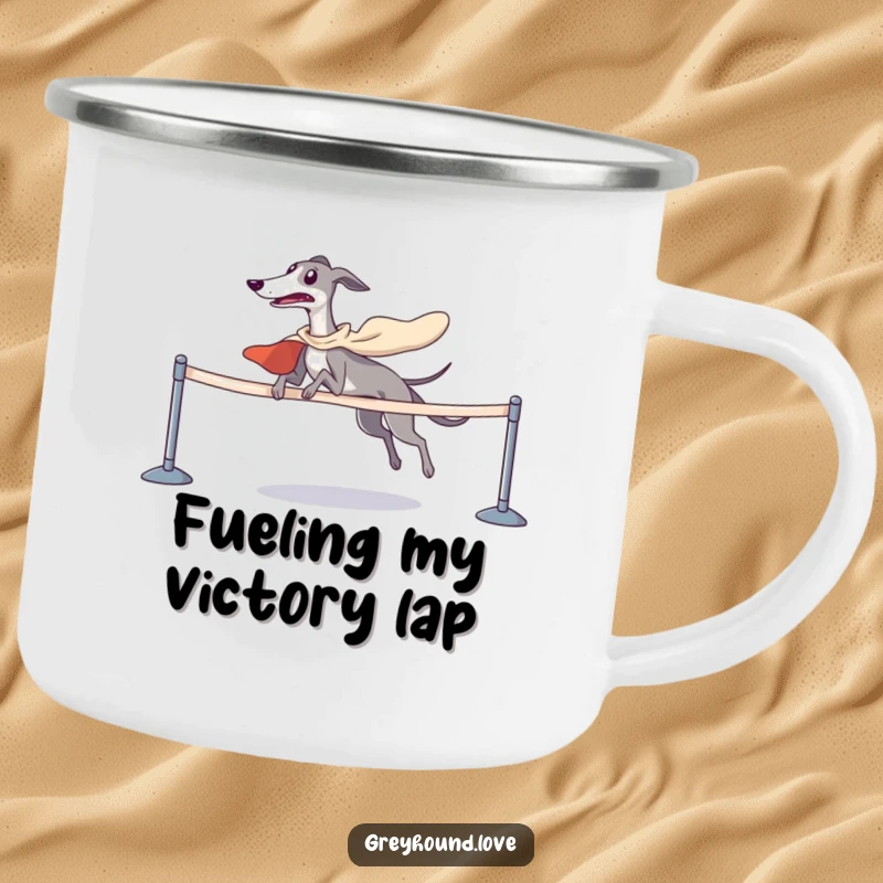 Funny greyhound in a superhero cape, victoriously crossing a finish line on a sturdy camping mug.