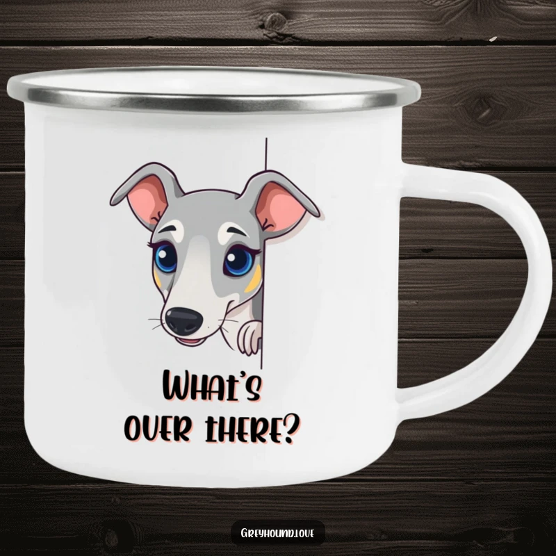 Funny Greyhound Camping Mug with a dog peeking around a corner, designed for outdoor journeys and humor.