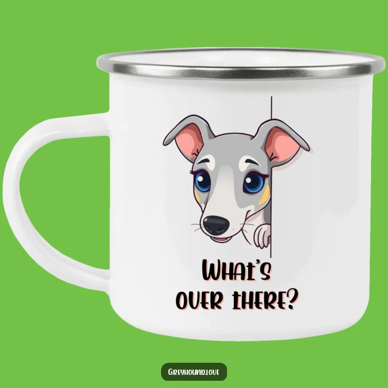 Funny Curious Greyhound Campfire Mug: Sighthound Peek-a-Boo for Adventurers