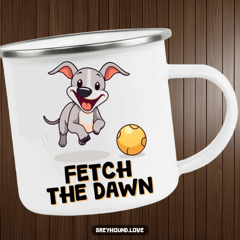 Funny greyhound ball chase camping mug, sturdy and ready for adventure, featuring a happy dog playing.