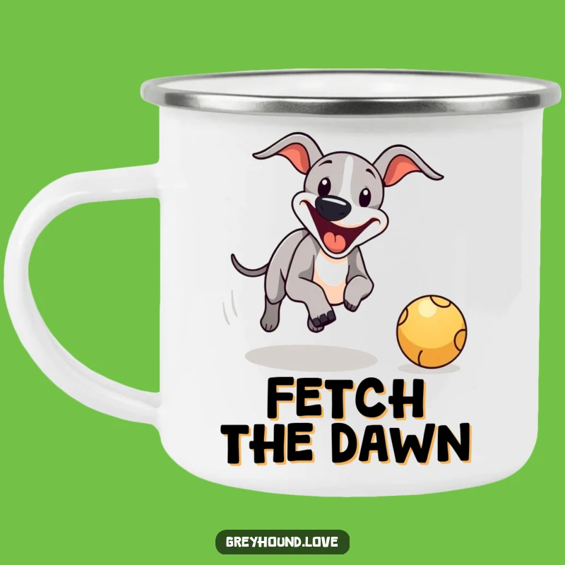 Funny Greyhound Ball Chase Camping Mug - Adventure Ready & Hilarious!