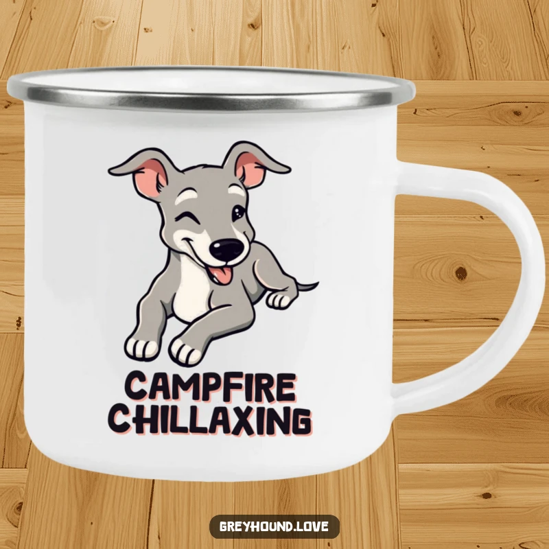 Funny camping mug with a stylized greyhound stretching languidly with a contented smile, perfect for enjoying drinks outdoors.