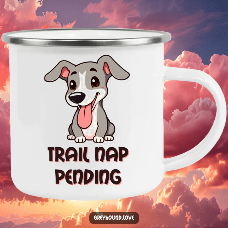 Funny Greyhound Camping Mug: A happy, panting greyhound with a raised floppy ear, perfect for enjoying drinks al fresco.