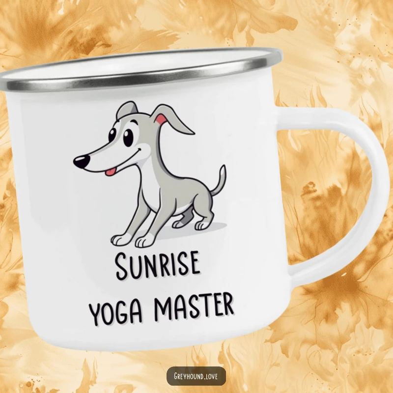 Funny Greyhound camping mug showing a cute character in an elegant, smiling stretch, perfect for relaxed outdoor enjoyment.