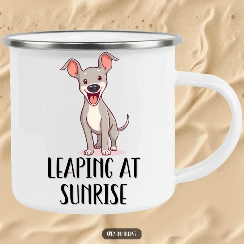 Funny CAMPING MUG: A greyhound is mid-bound with an excited yip, ready for outdoor fun and excitement.