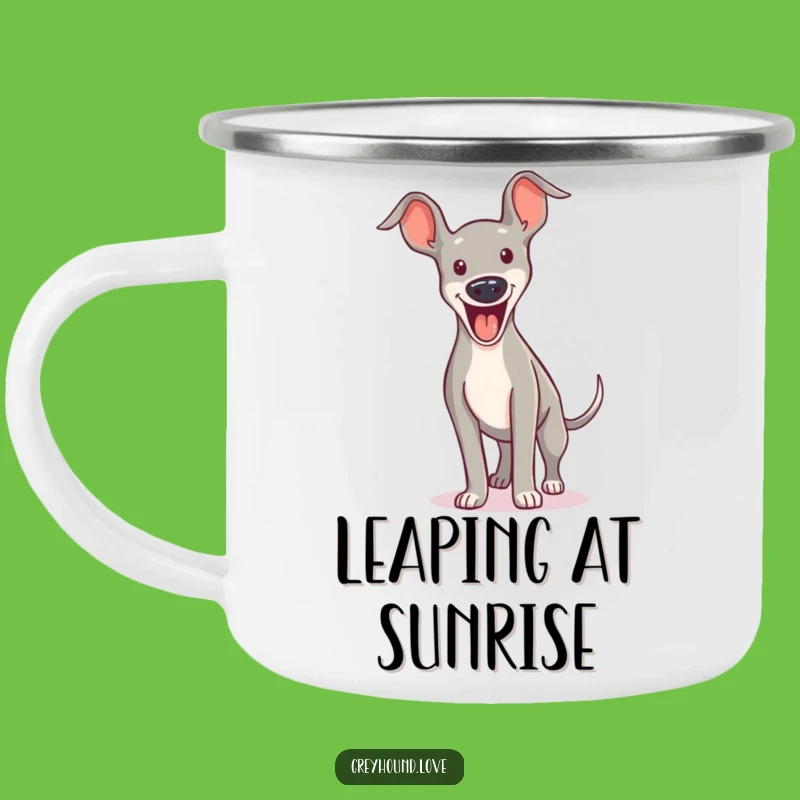 Funny Greyhound Camping Mug: Excited Yip Adventure Cup!