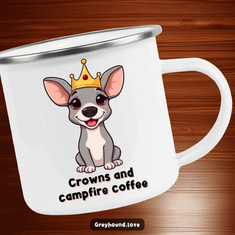 Funny camping mug: A regal greyhound with a small crown, looking amused. Ideal for outdoor enthusiasts.