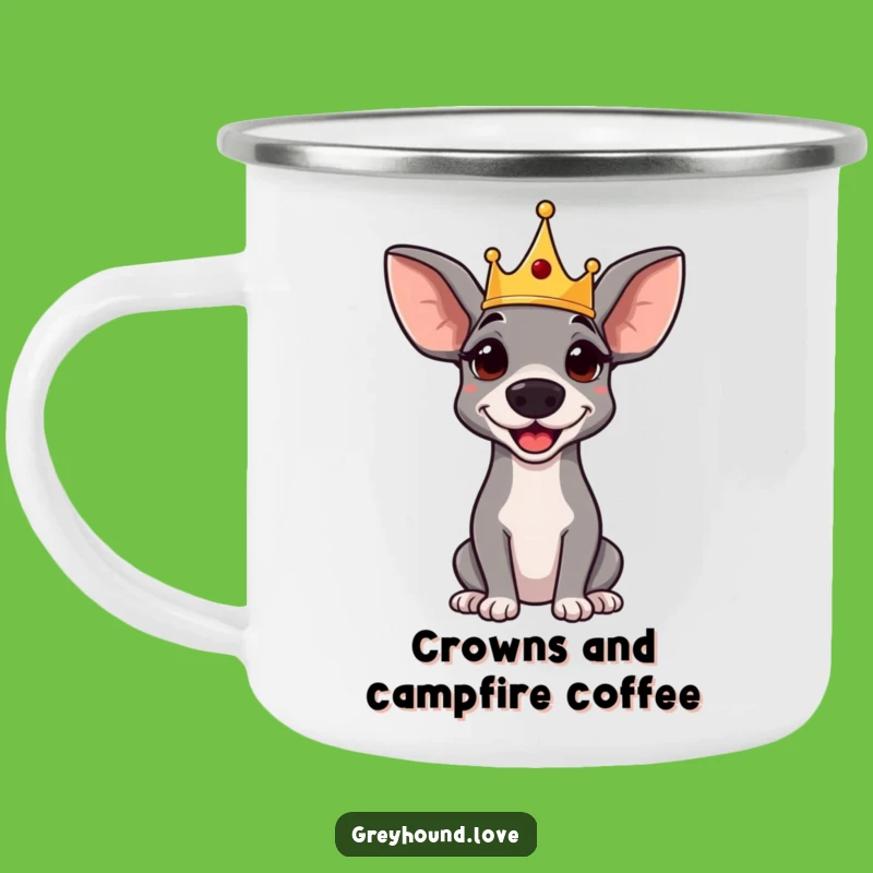 Funny Greyhound Camping Mug: Regal Crowned Pup, Amused Royal Drinkware