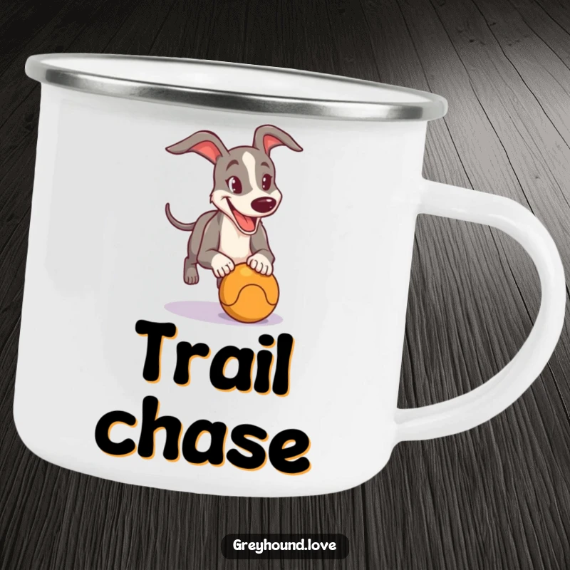 Funny Camping Mug showcasing a happy greyhound determinedly chasing a ball, perfect for outdoor enthusiasts.