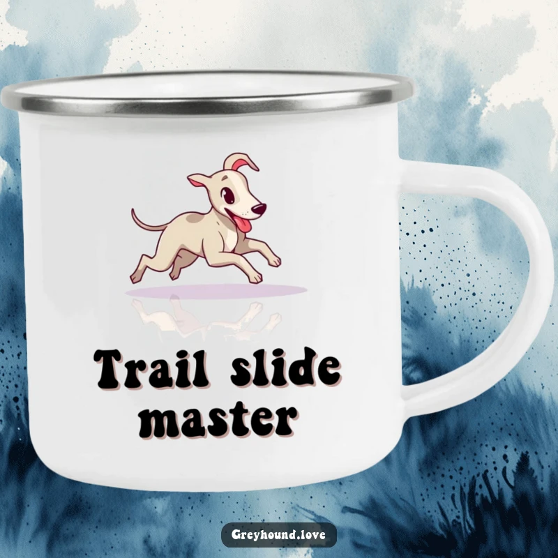 Funny Greyhound Camping Mug: A greyhound gracefully slides across a floor with tongue out.